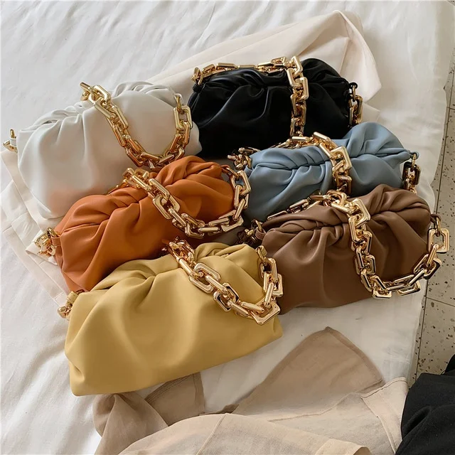 

Day clutch pleated pouch women fashion handbags shoulder cloud bag with gold chain, White, yellow, khaki, blue, black, orange