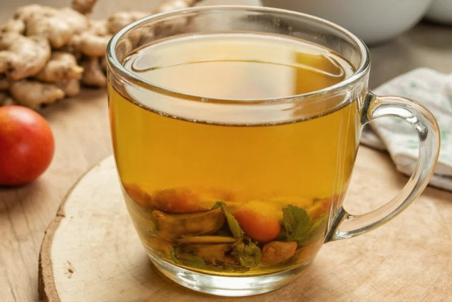 Three clear mugs of ginger tea with lemon slices and honey on wooden table, natural lighting