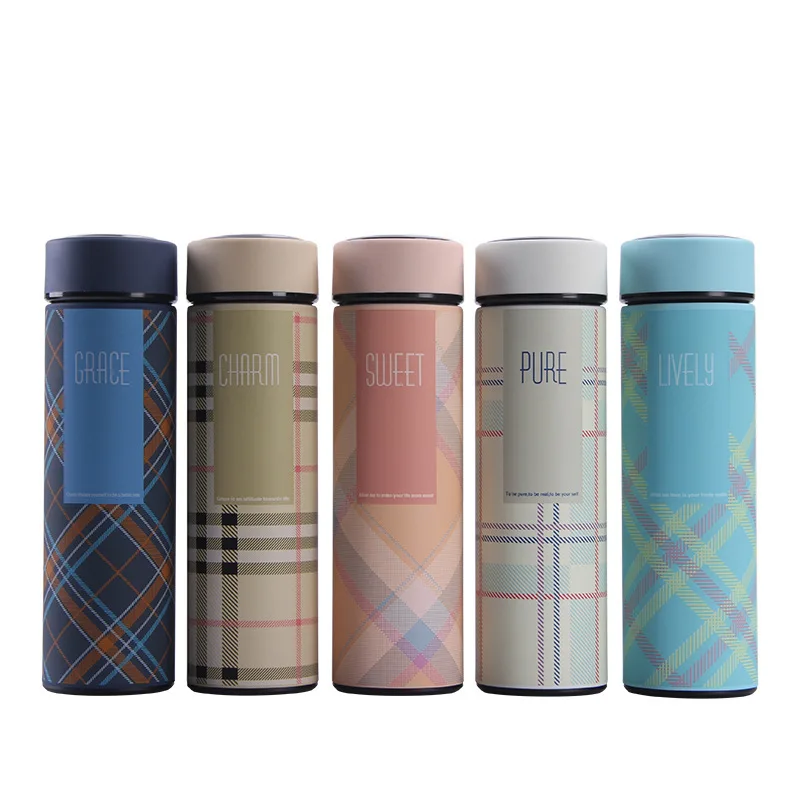 

Seaygift custom logo 304 stainless steel double wall vacuum cup plaid 18/8 metal insulated thermos flask water bottle, Blue/black/red