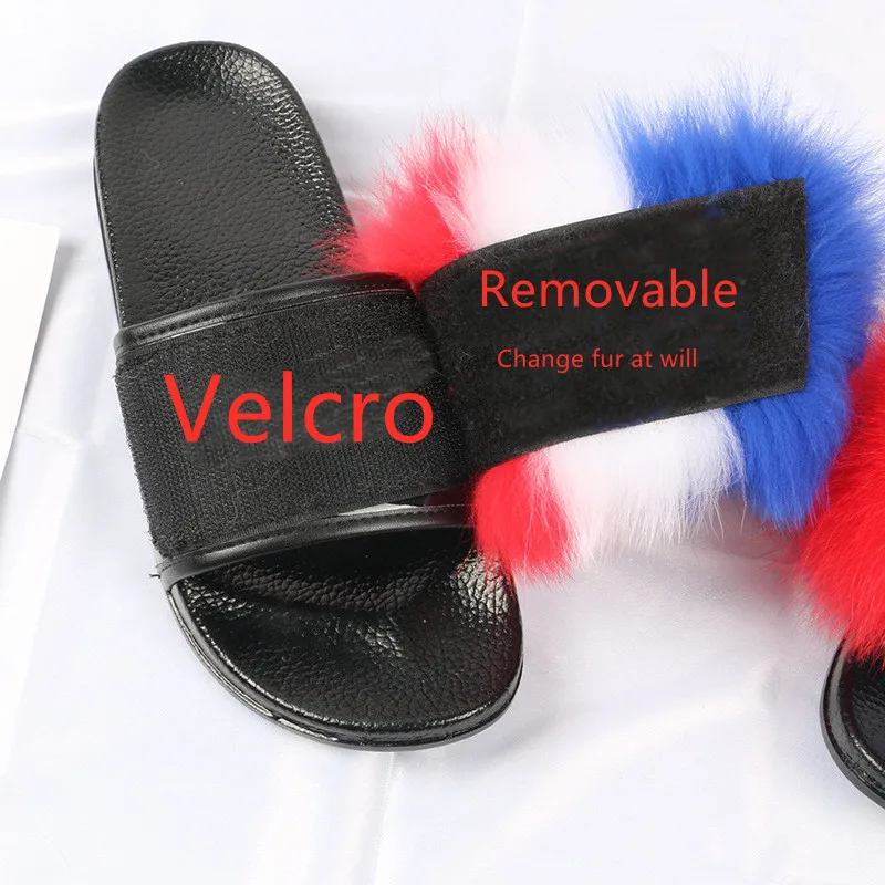 

2021 new style fox fur slippers with removable velcro new design 100% raccoon fur factory wholesale price