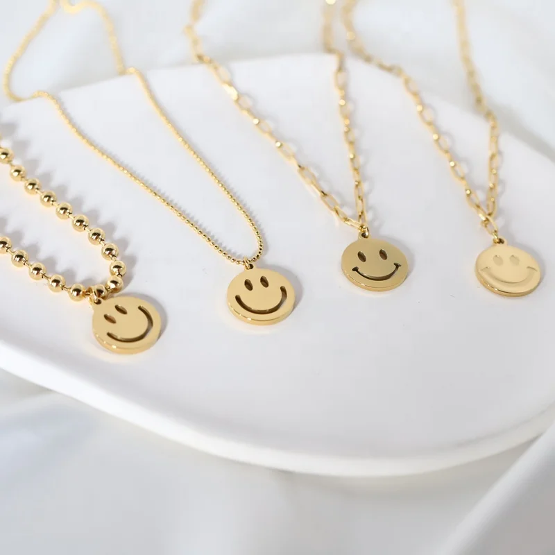 

18K Gold Plated Stainless Steel Non Tarnish Free Waterproof Water Proof Jewelry Smile Charm Happy Smiley Face Pendant Necklace