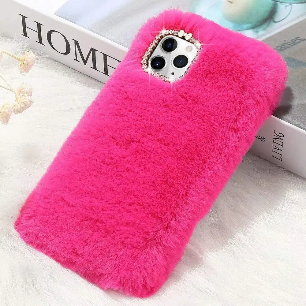 

smart phone case soft silicone cellphone case with crystal diamond rabbit fur drop-proo phone case for iPhone12, Black,red,blue,purple,rose gold