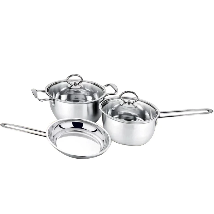 

Hot sale cooking pot set non stick 3 Pcs Set Stainless Steel Cooking Pots 24 cm Frying pan Cooking pot set with color box