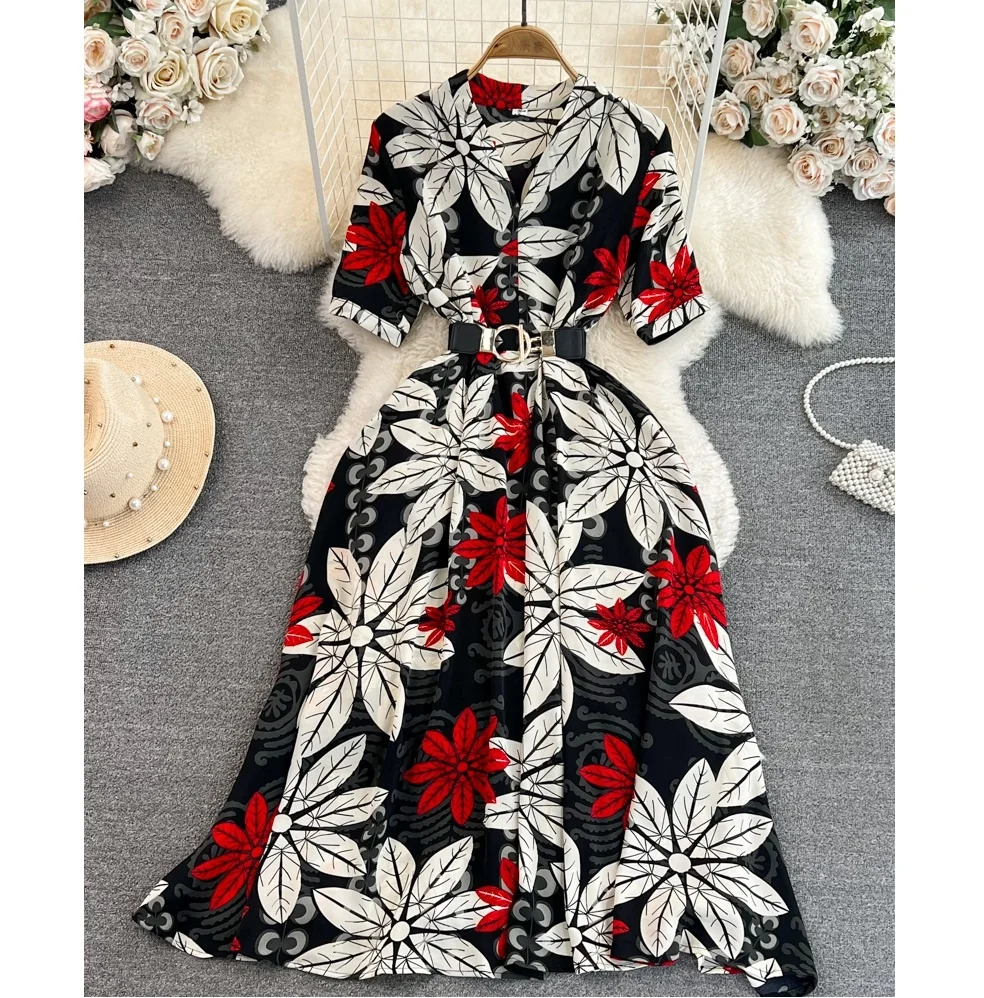 

Summer Vintage Short Sleeve V-Neck Waisted a-Line Printed Elegant Long Casual Dresses