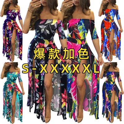 

F30057A European and American printed one-line collar one-piece slit casual dresses plus size dress, White/green/black