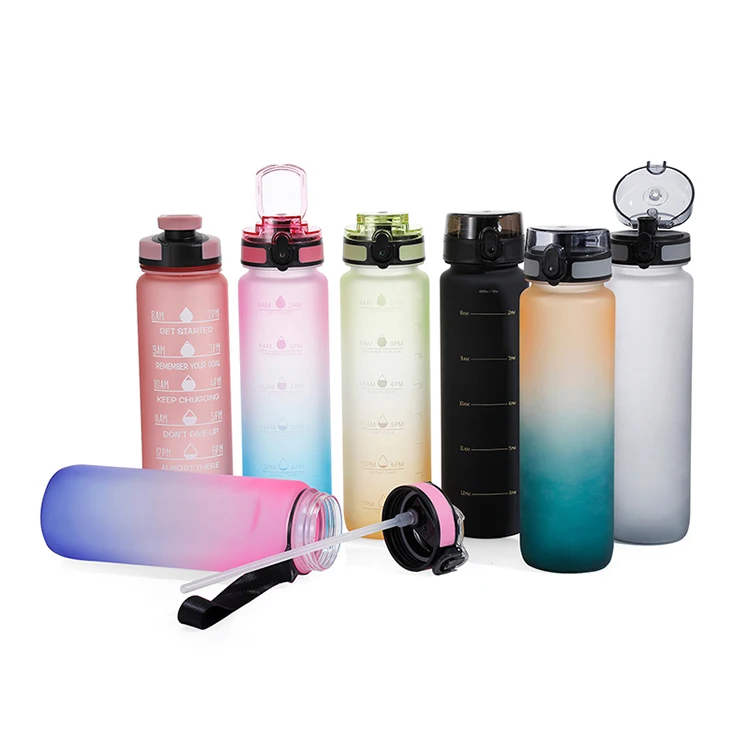 

RTS stock  sport gradient plastic water bottles BPA free motivational fitness sports water bottle with time marker, Customized color acceptable