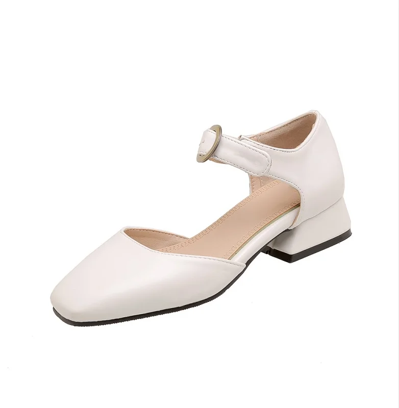 

2021 summer new style shallow mouth solid color word buckle ladies single shoes European and American large size wholesale, Black, white, apricot
