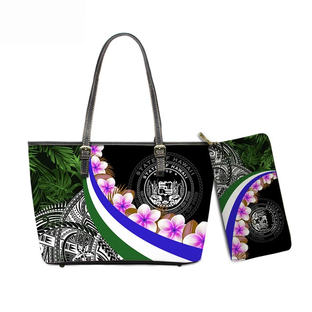 

Hawaiian Polynesian Tribal Plumeria Printed Women Handbags Set Large Purple Cheap Ladies Tote Female Shoulder Bags Bolsas