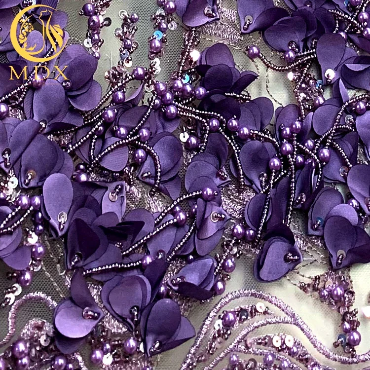 

Factory Wholesale High Couture Purple Flower Handmade Beaded Net Lace Embroidered 3D Wedding Dress Lace Fabric