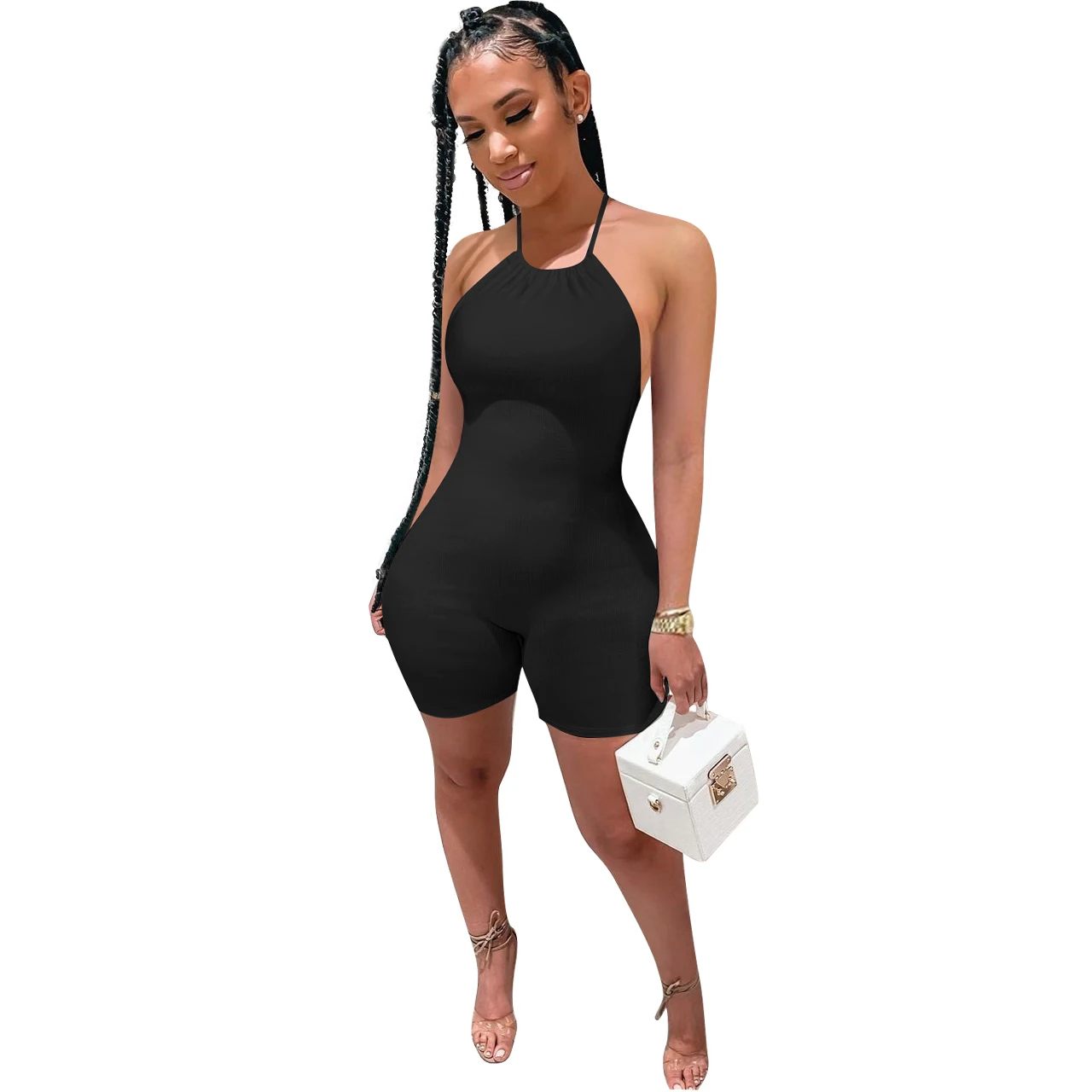 

Rompers for women 2021 summer rib sleeveless solid color backless casual sport short sexy black spandex jumpsuit, 7colors, also can make as your request