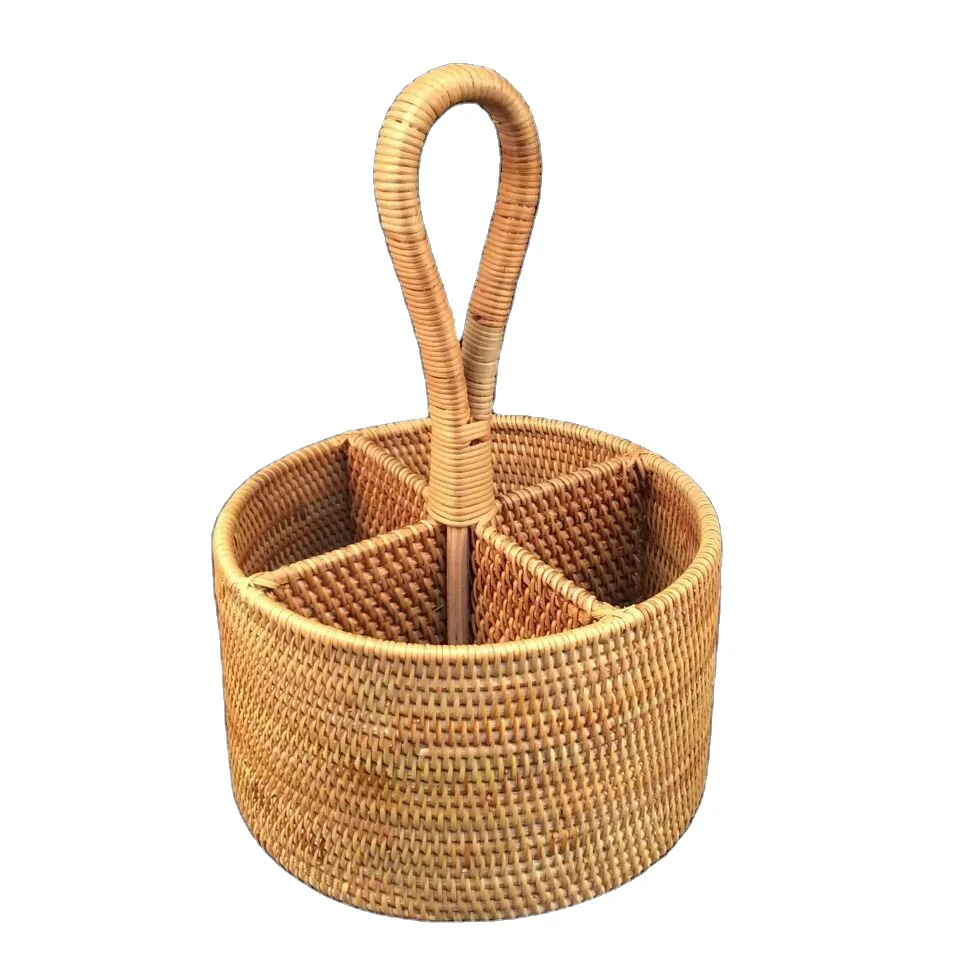 

4-compartment Rattan hand woven fruit storage basket round serving wicker tray Bread Cake Pastries basket home Storgae, Natural