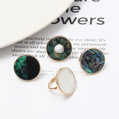 

Newest Fashion Design Jewelry Round Acetate Turquoise Rings Golden Geometric Abalone Shell Rings