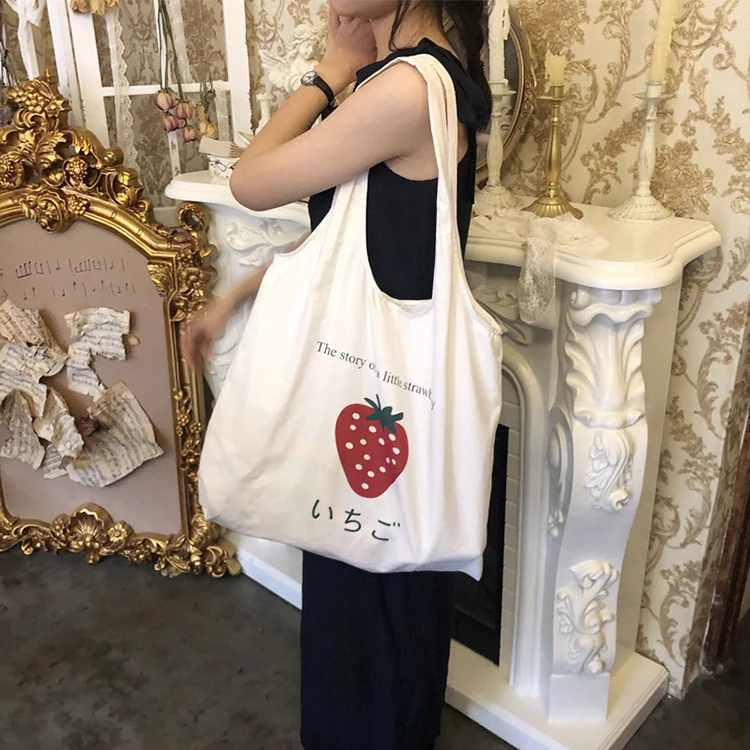 

YASEN Custom Cotton Tote Bag Eco Friendly 2022 New Fashion Strawberry Letter Printing Student Canvas Shopping Tote Bags