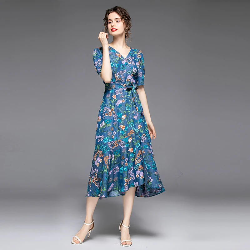 

2021 Summer New Women's V-neck Puff Sleeve Floral Print Denim Wedge Heel Dress Ruffle Leaf Ladies Dress, Blue