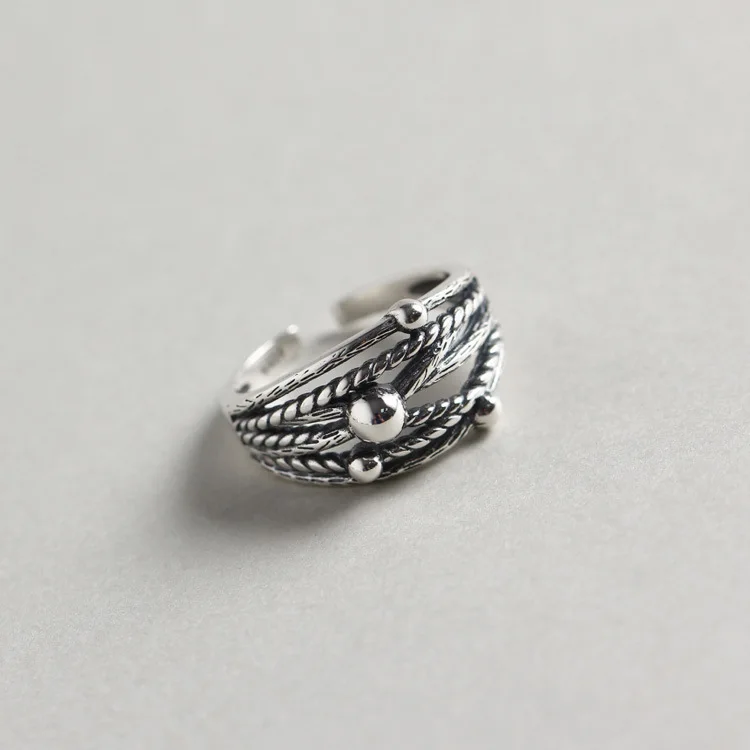 

925 Sterling Silver 925 Sterling Silver Rings For Women Adjustable Female Multi-layer Glossy Round Bead Simple Fashion Jewelry