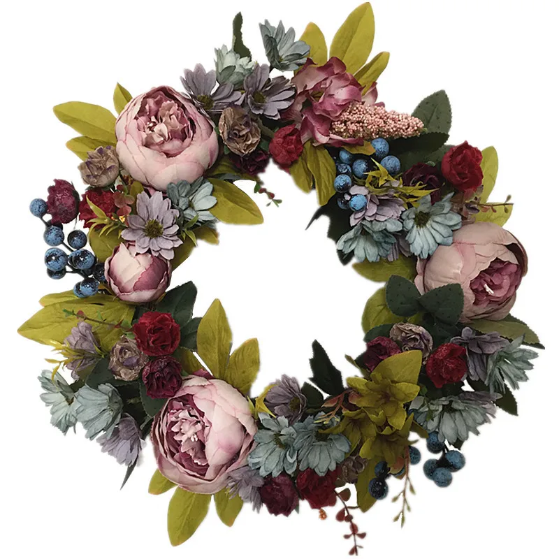 

40cm high quality artificial peony flower wreath with blue berry daisy for home front door decor simulate wall floral wreath, Mixed color and other customized...