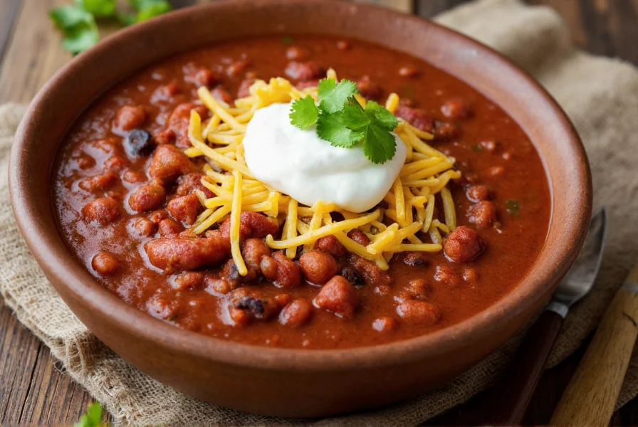 Finished bowl of homemade chili with toppings including sour cream, shredded cheese, and fresh cilantro on rustic wooden table