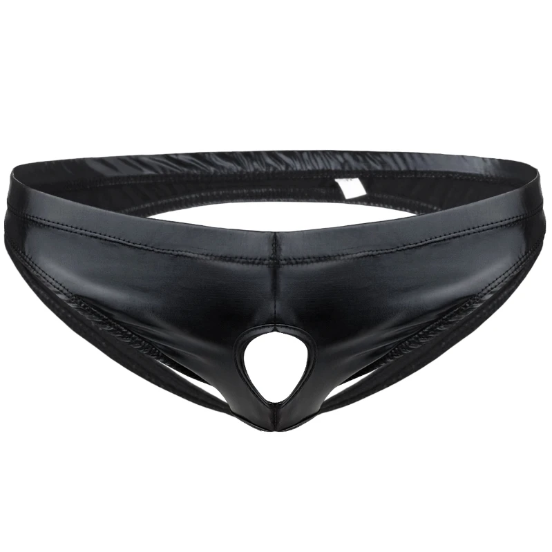 

2021 Mens Black Leather Sexy Open Front Hole G-String Briefs Underpants Thongs Underwear Jockstrap