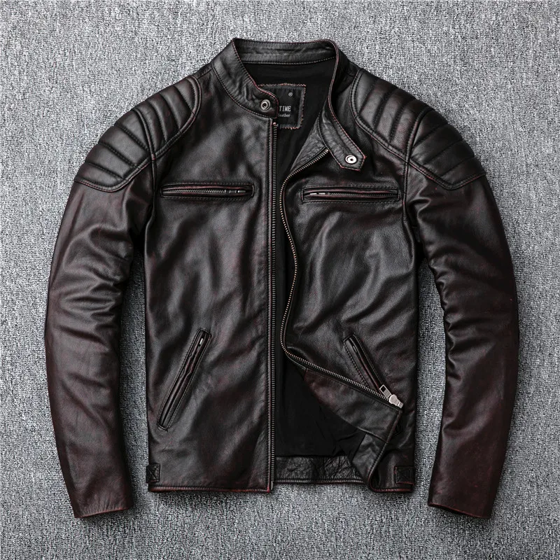 Men's Genuine Cowhide Retro Motorcycle Plus Size Leather Jacket