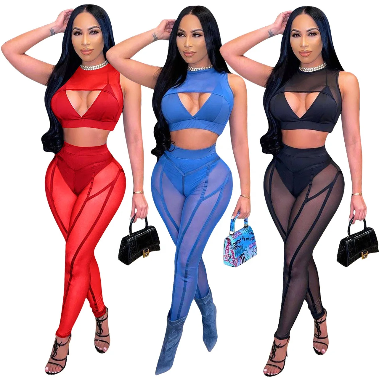 

2022 New Design Women Spring Clothes Mesh Hollow Out Sleeveless Crop Top Solid Color Sexy 2pc Outfits 2 Piece Pants Set Women