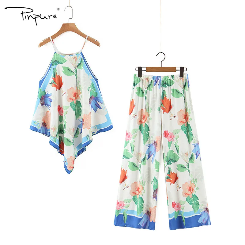 

Casual Wide-leg Pants Sets R40372S Hot Sale Summer New Arrival Fashion Style Printed Elegant Spaghetti-strap Floral Print 2 Pcs, As picture