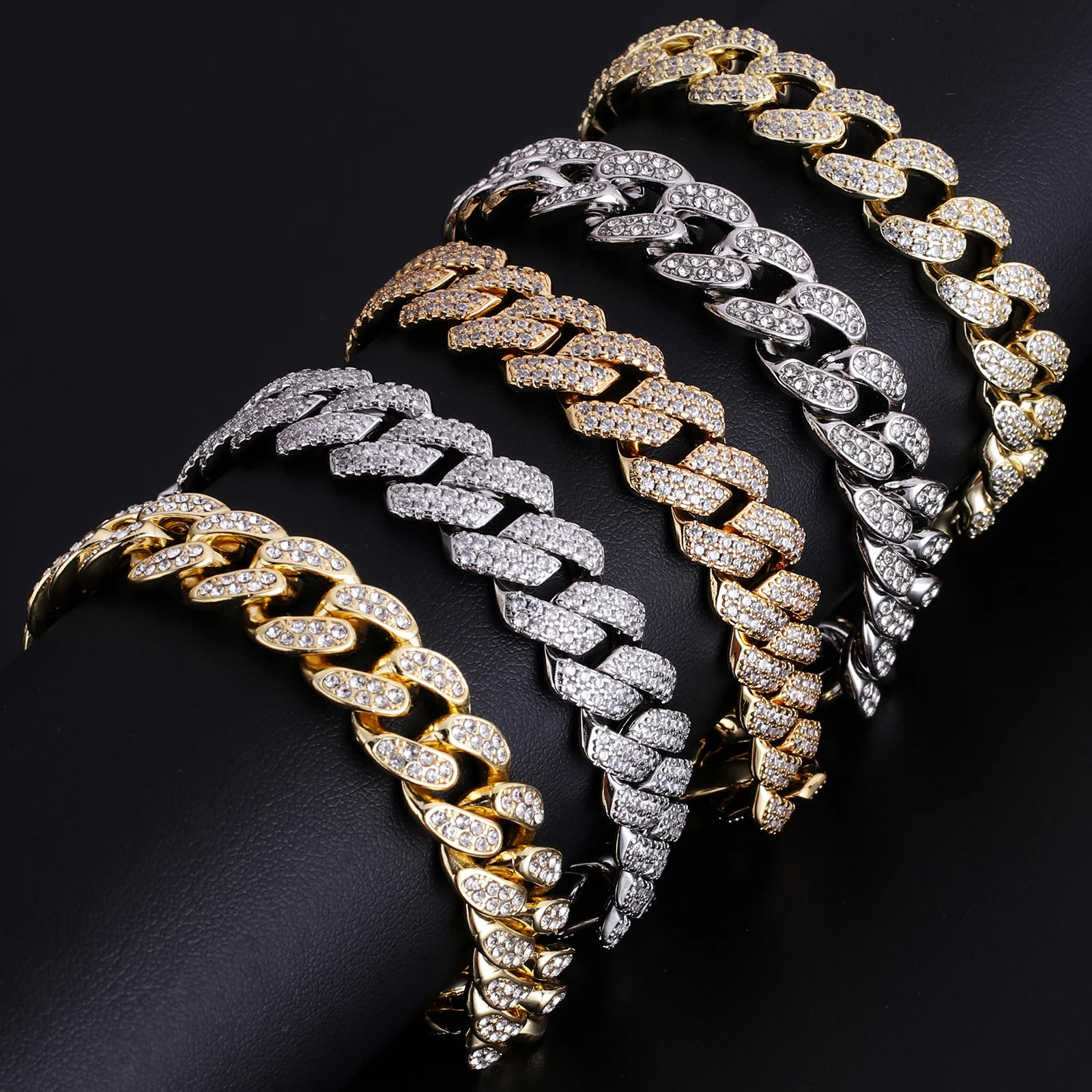 

Custom Gold Miami Tennis Iced Out CZ Cubic Zirconia Diamond Stainless Steel Men Cuban Link Chain Bracelet Jewelry, Silver/ gold