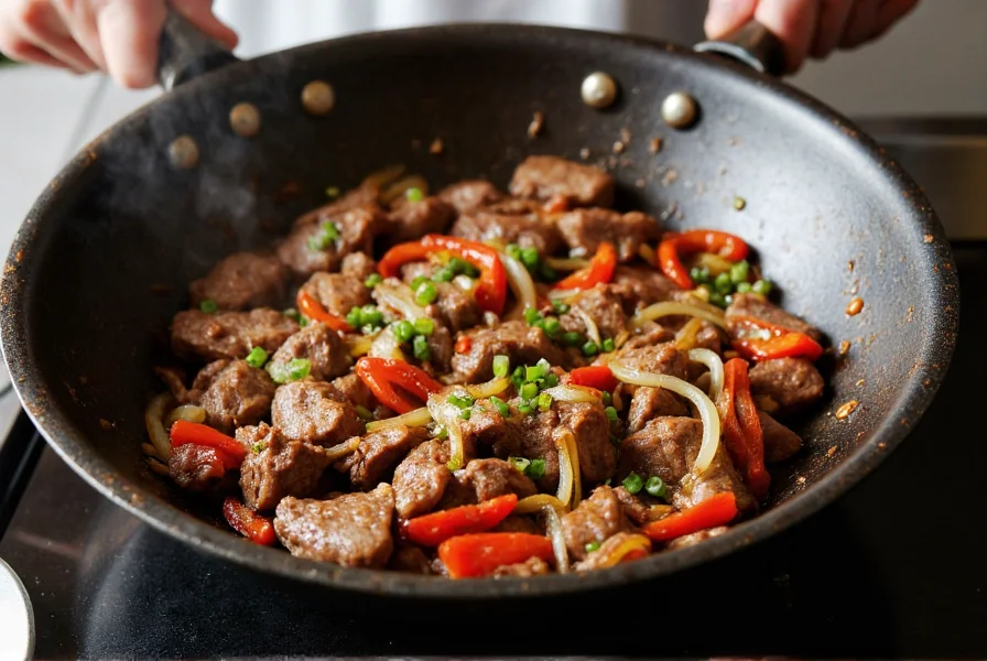 Professional chef stir-frying Chinese pepper steak with onions in a traditional wok showing perfect sear and sauce coating
