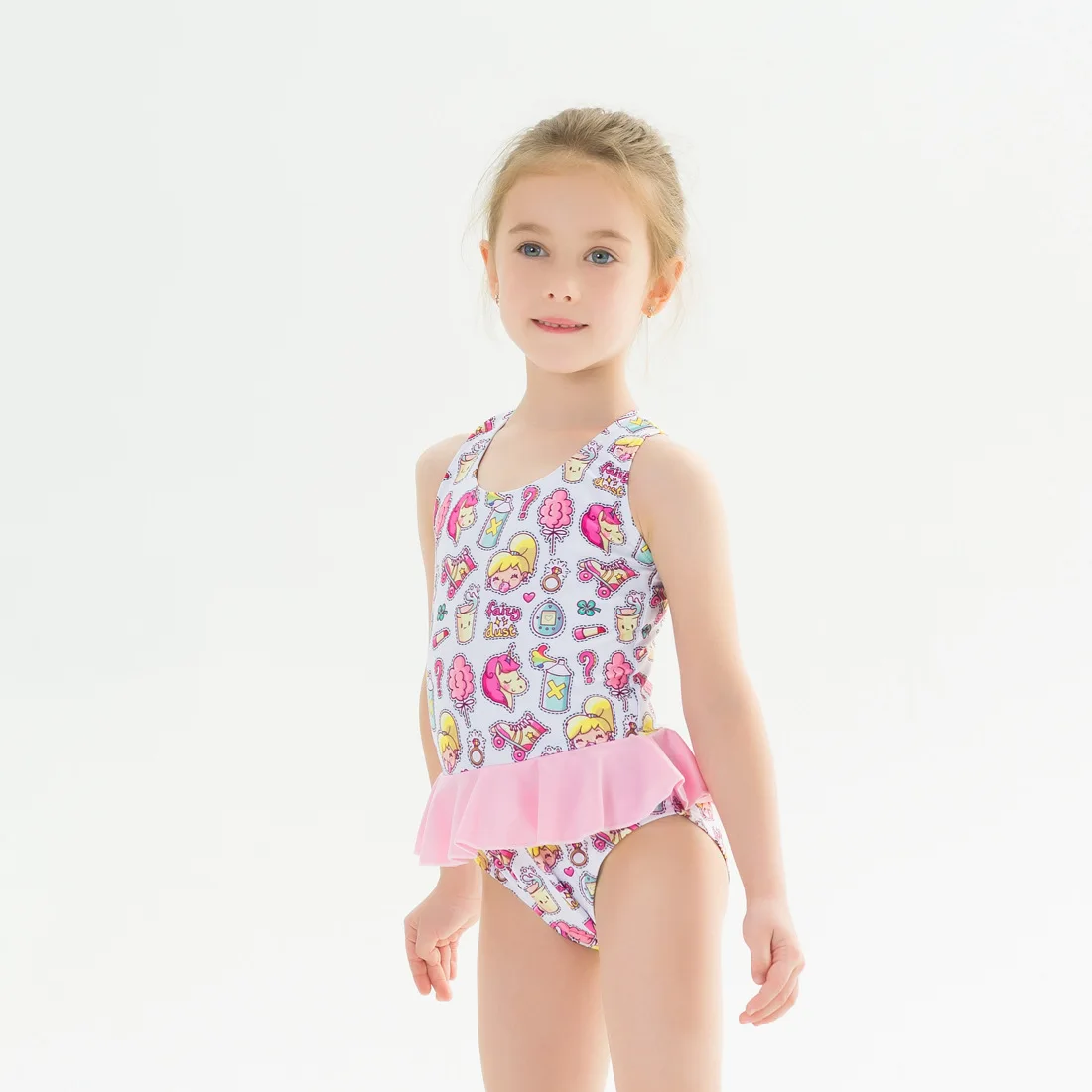 

Hot Selling Ruffled Cross Swimming Costume One Piece Round Neck Cartoon Swimwear Little Girl Kids Swimwear 2021