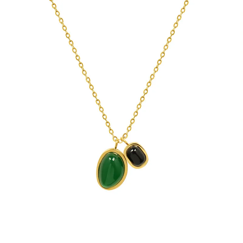 

HOVANCI Fancy Oval Irregular Shape Titanium Steel Pendant Necklace 18K Gold Plated Stainless Steel Green Agate Stone Necklace