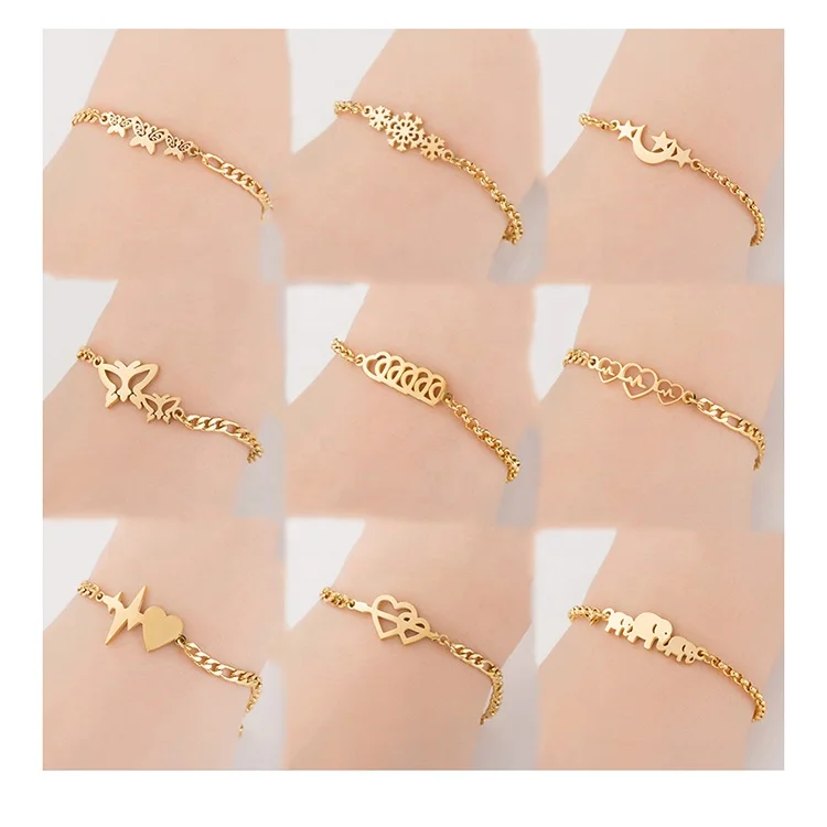 

Wholesale multi shape real gold plated butterfly elephant Christmas design stainless steel bracelets for women jewelry, As the pic show