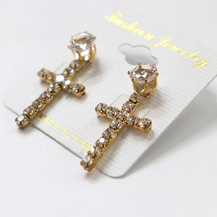 

New Gold Rhinestone Cross Stud Earrings For Women, As picture