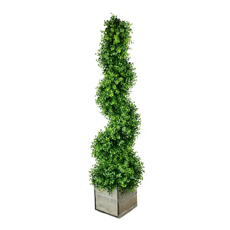 

4ft Artificial Eucalyptus Tree Boxwood Spiral Indoor/Outdoor Topiary Plants in Wood Planter