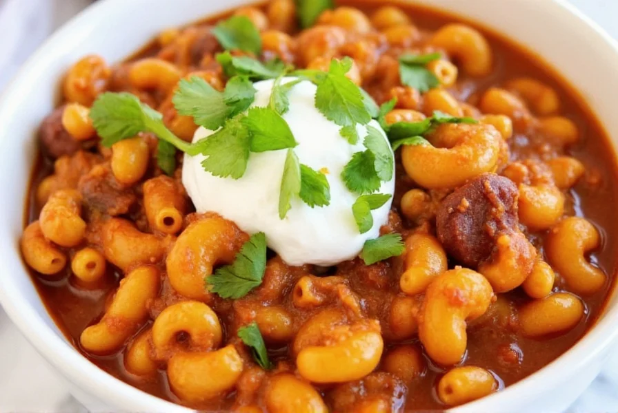 Serving of easy chili mac topped with fresh cilantro and sour cream in white ceramic bowl