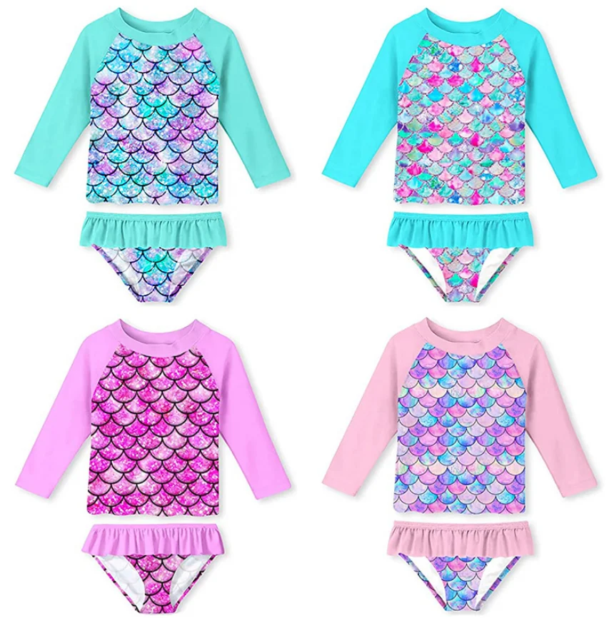 

Hot Selling Little Girls Two Pieces Rash Guard Swimsuit Set Long Sleeve Print Bikini Bathing Suit Beach Swimwear, As pic