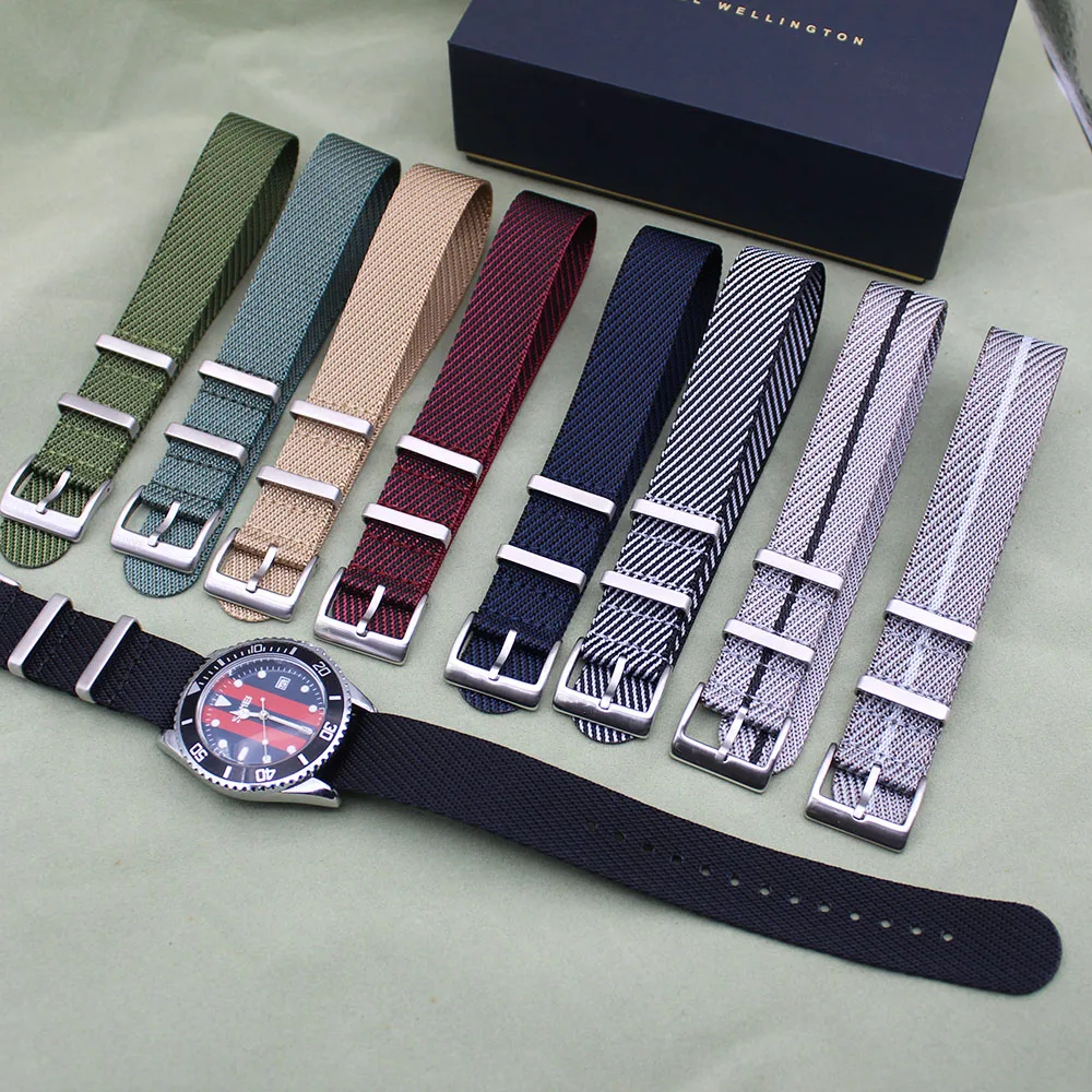 

28 colors In Stock Twill Pattern Single Pass Nylon Watch Bands 20mm 22mm Premium Nato Nylon Striped Watch Strap