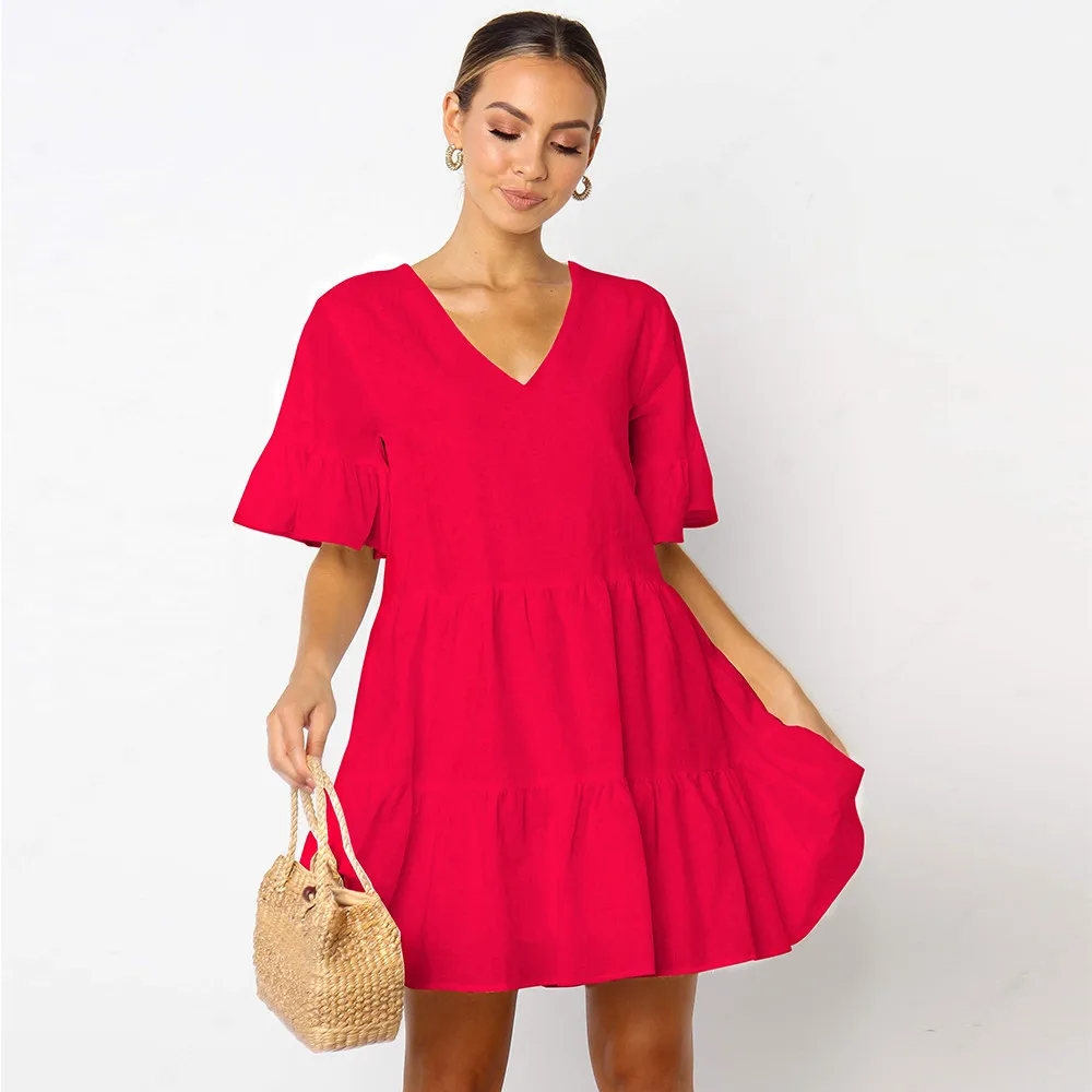 

ruched Europe and America high quality loose solid new short sleeve dress cotton pure color cute mini dress 2021