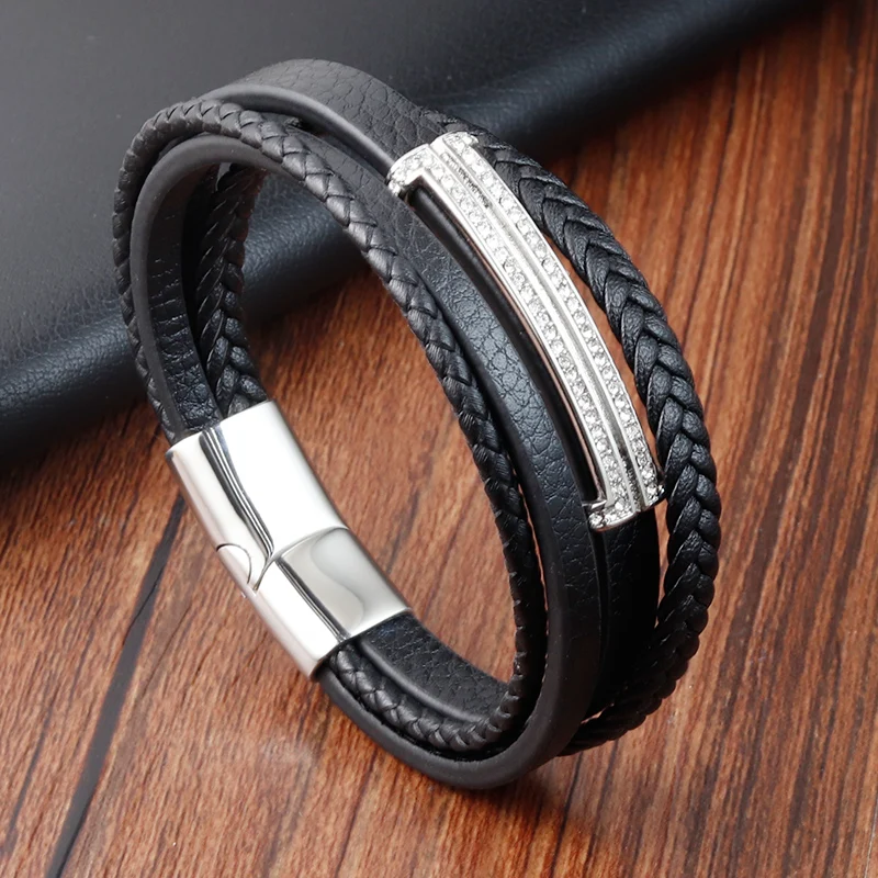 

Trendy Vintage Woven Charm Bracelet Handmade Custom Made Multi-layer Mens Braided Leather Jewellery Bracelets With Stone