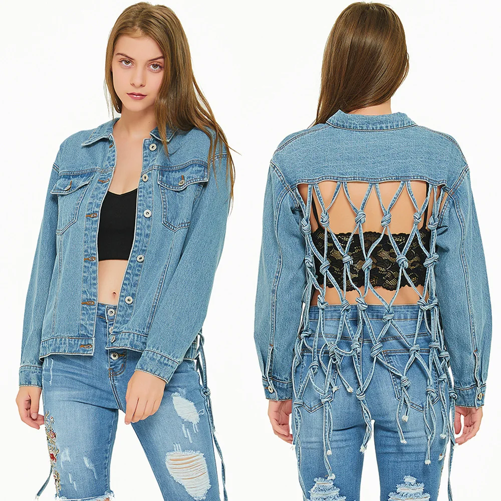 

Direct Sale Price Custom Jeans Jacket Factory Hot Design Short Ripped Self Fabric Tassels Denim Jacket Women