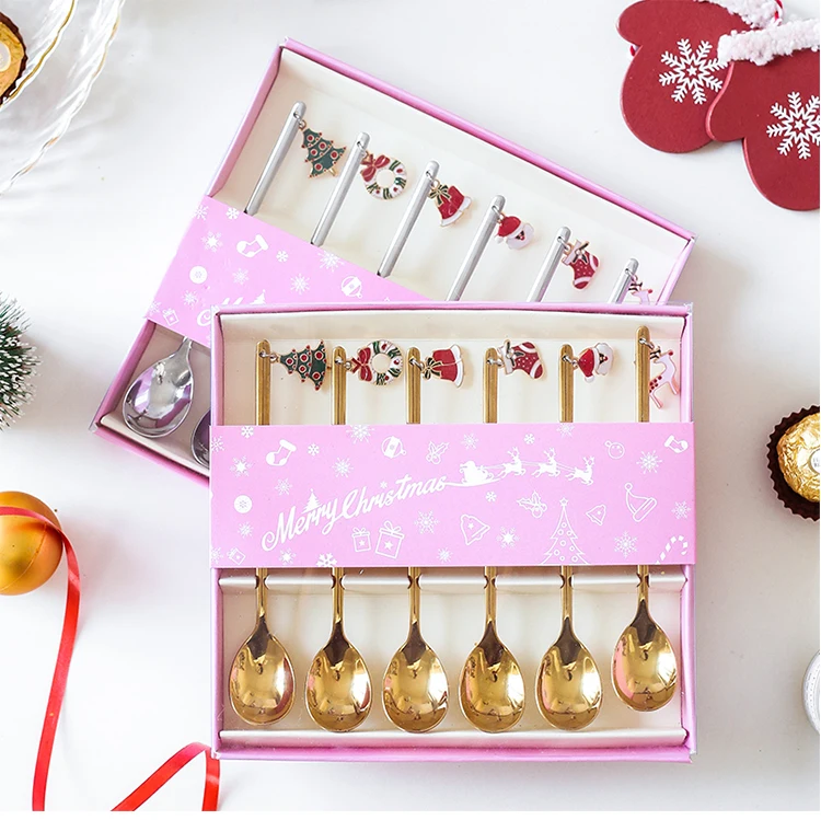 Custom Christmas Gift Cute Souvenir Mixing Stainless Steel Tea Coffee Gold Spoon Set
