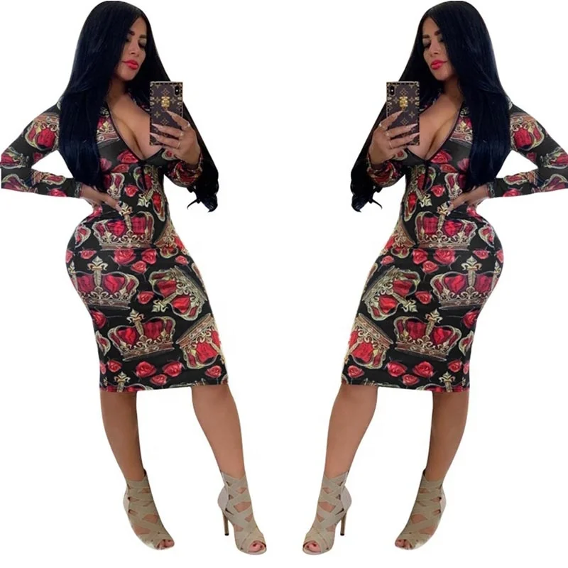 

Spring Zipper Front Full Sleeve Floral Print Dress Women, As shown