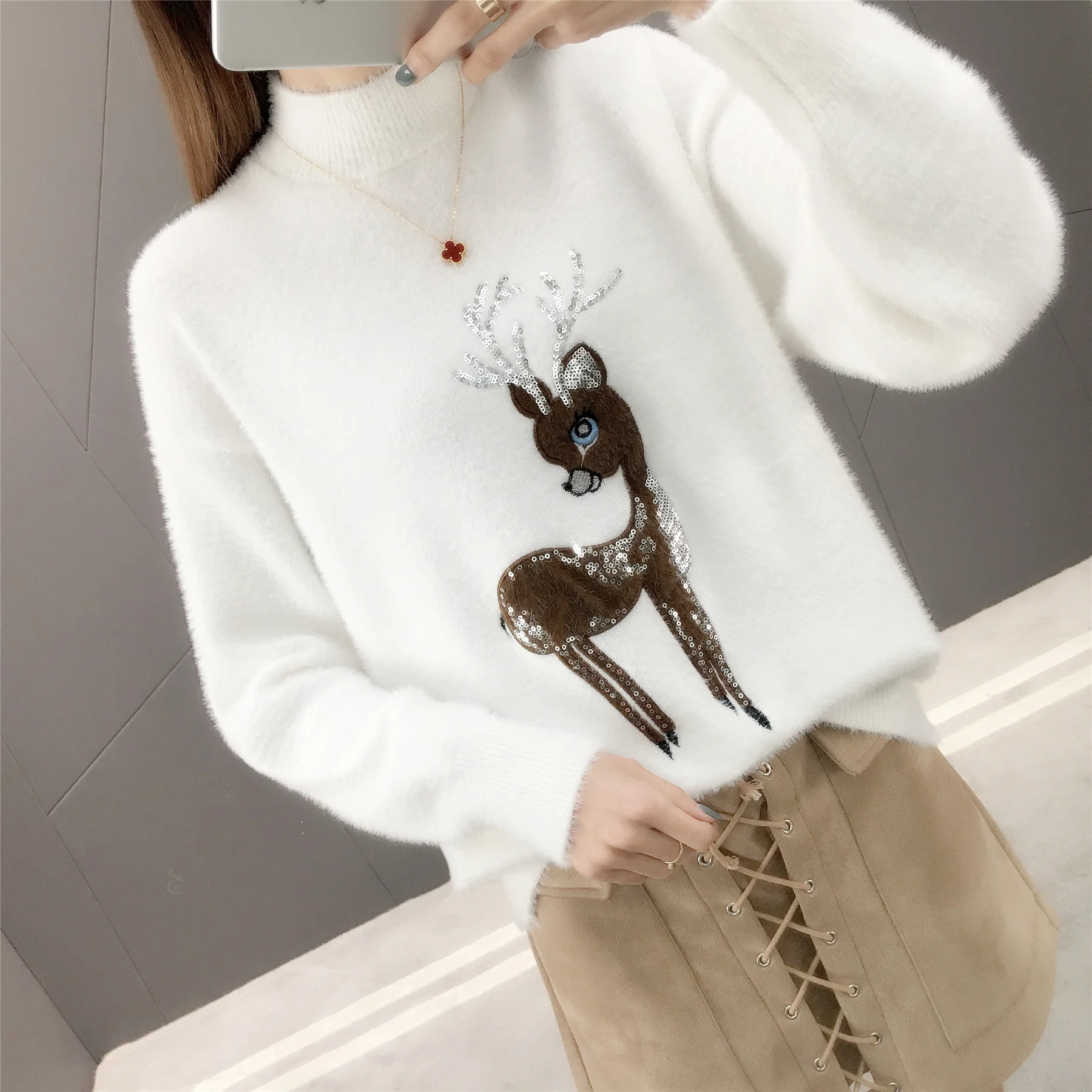 

Latest design sequined deer embroidery mink chunky sweater for women