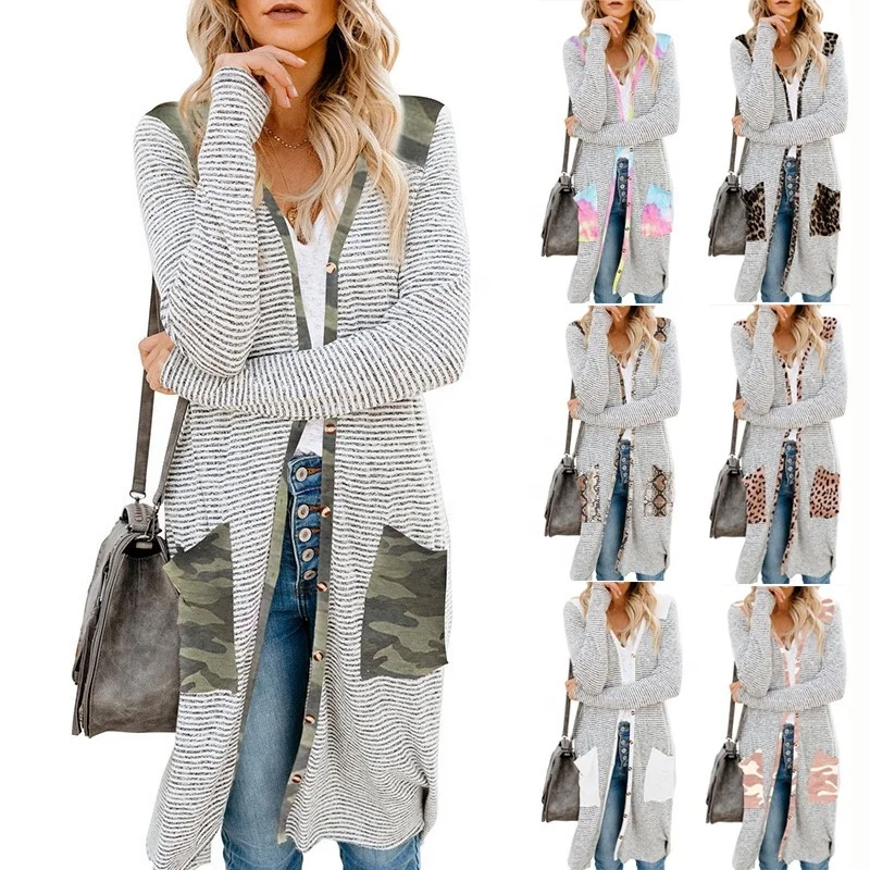 

T61 cardigans Plus Size Women Long Sleeve Open Front Cardigan Striped Print Button Down Slim Outwear Leopard Gradient