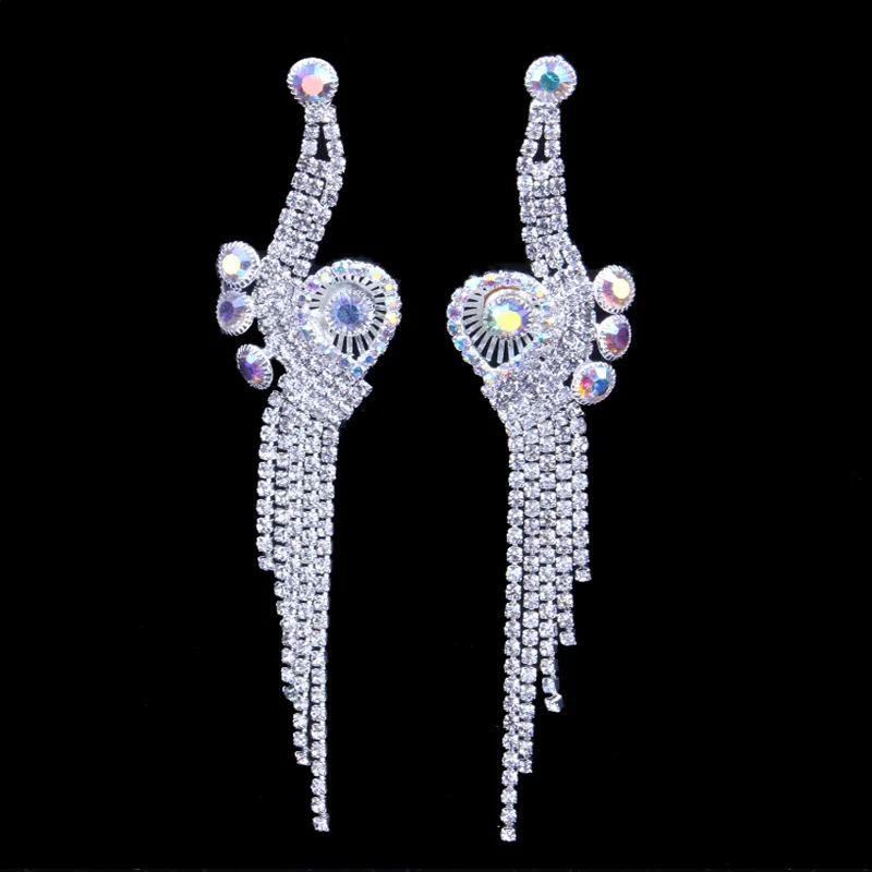 

Rhinestone Exaggerated Long Tassel Earrings Women Colorful AB Crystal Silver Plated Drop Earrings (KER573), Same as the picture