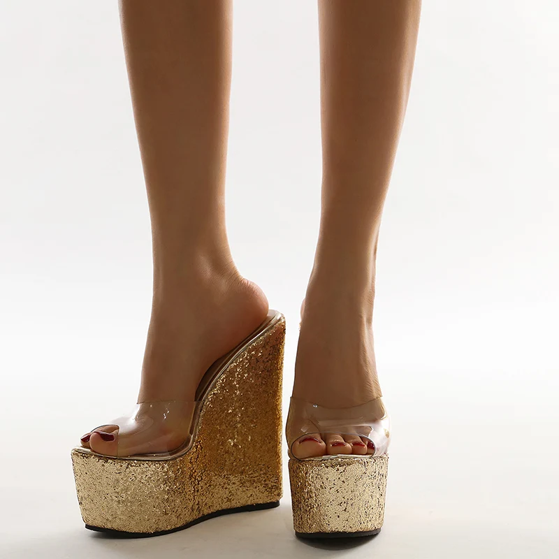 

2022 simple shining transparent comfortable slope heel sandals 35-42