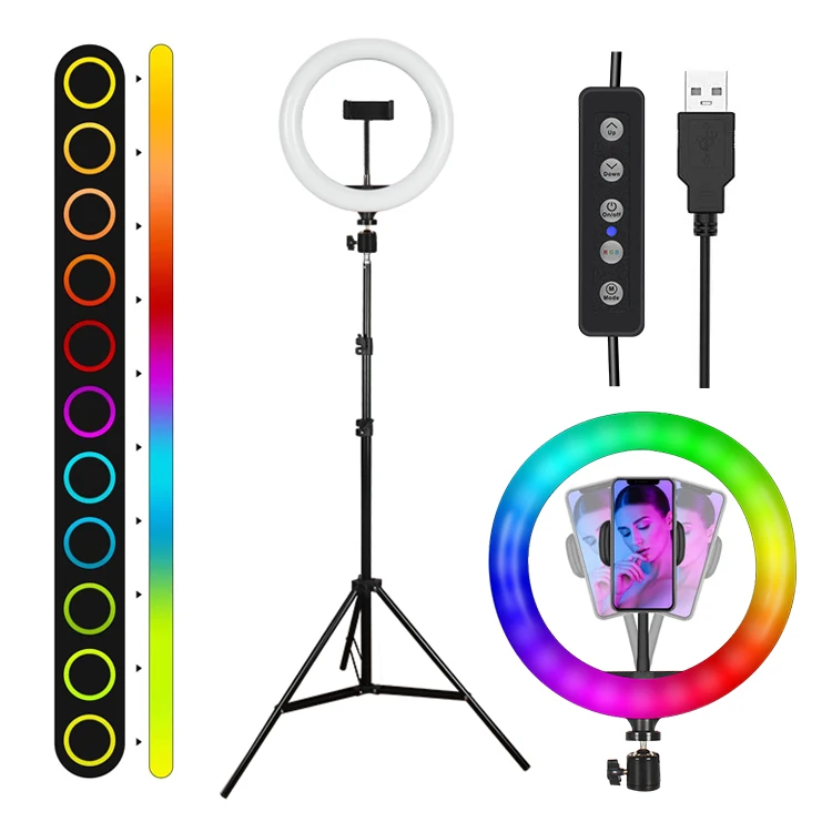 

26CM-1 RGB 10inch Light Wholesale Big Circle Portable with Phone Holder LED Selfie Fill Ring Light