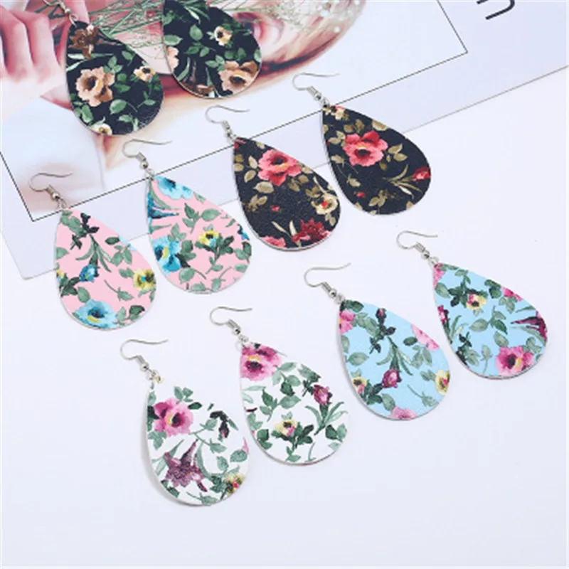 

Handmade leather earings print flower dangle earrings color geometric waterdrop earrings for women jewelry earrings female, Picture