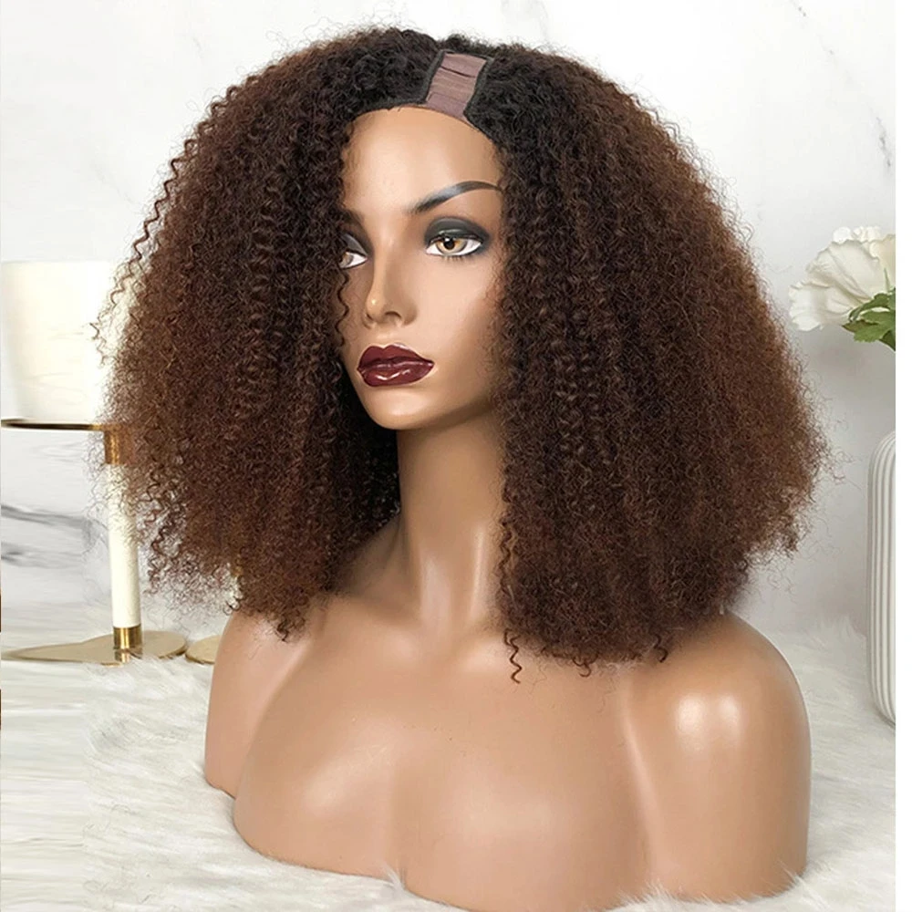 

Afro Kinky Deep Curly U Part Wig 100% Human Hair Wig 1x4 Opening Brown Ombre Colored Glueless Kinky Curly V Shape Wig For Women, Natural color lace wig