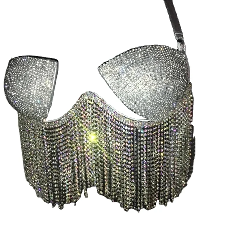 

New Arrival Bling Rhinestones Bikini Set Swimsuit Tassel Underwire Bra Push Up Bandage Bikini Set, White/black/pink