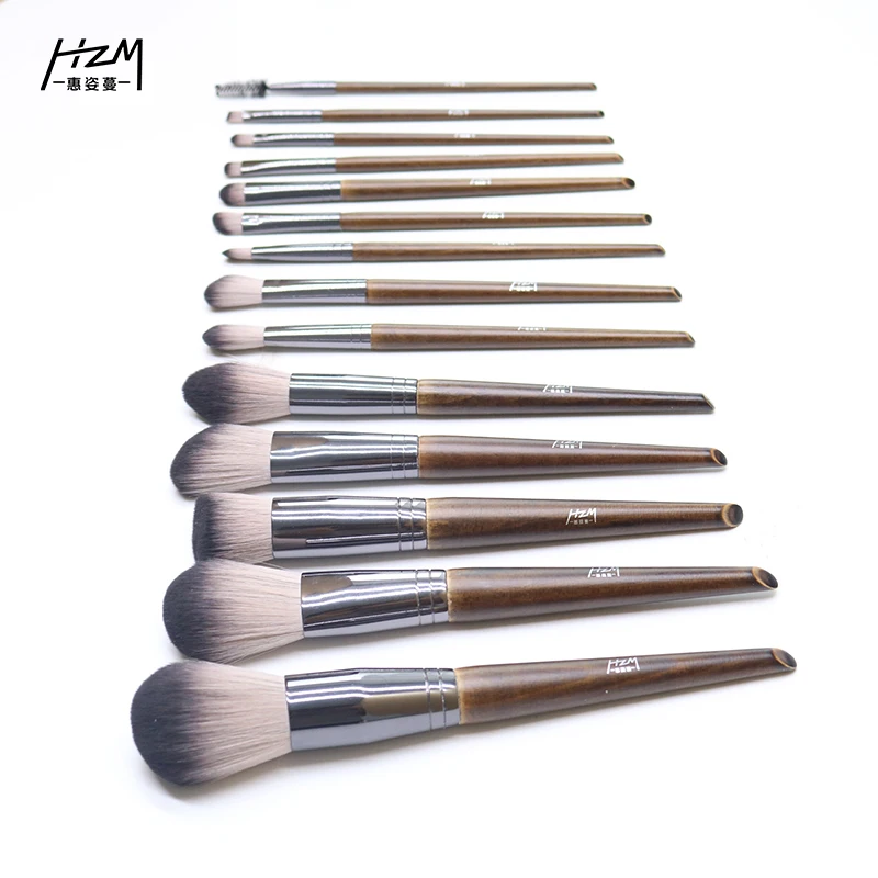 

HZM 14Pcs Best Custom Logo Fashion Beauty Marble natural hair flat eye Gold makeup brush set vegan makeup private label brushes, Wood