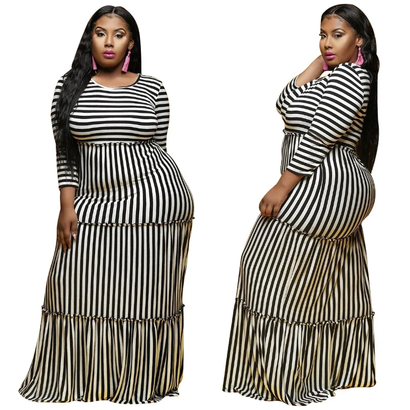 

2021 New Arrivals XXXX Women Long Sleeve Striped Floor Length Dress Plus Size Africa Style Loose Long Pleated Dress